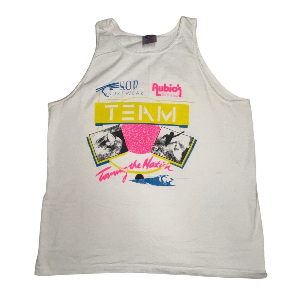 Vintage Surf  Rubios Fish Tacos Tank Top Mens XL White Made USA NWOT 80s
